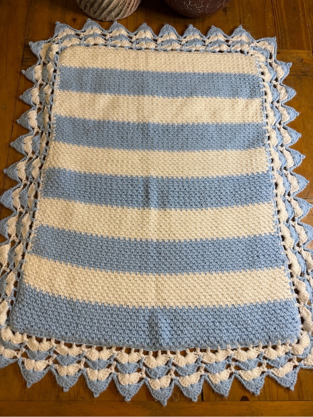 Handmade Baby Blanket Blue Cream Crochet Minky Dot Nursery Afghan Lovey